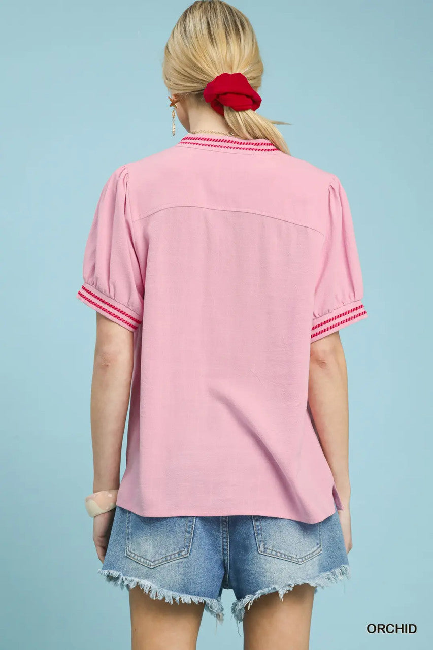 Umgee Women's Orchid Embroidery Linen Puff Sleeve Blouse