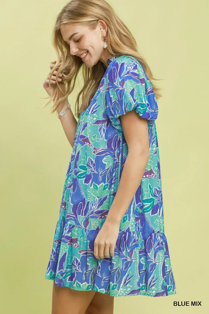 Umgee Women's Blue Tropical Floral Mini Dress