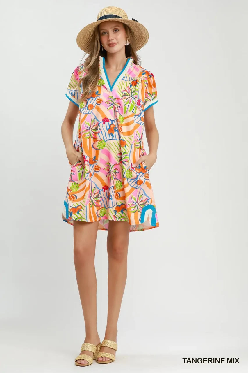 Umgee Women's Tropical Print Shift Dress - Tangerine