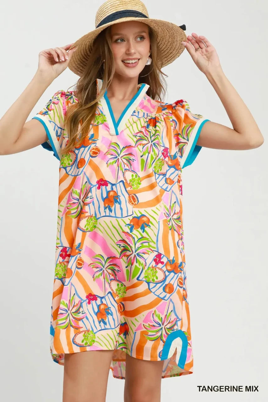 Umgee Women's Tropical Print Shift Dress - Tangerine