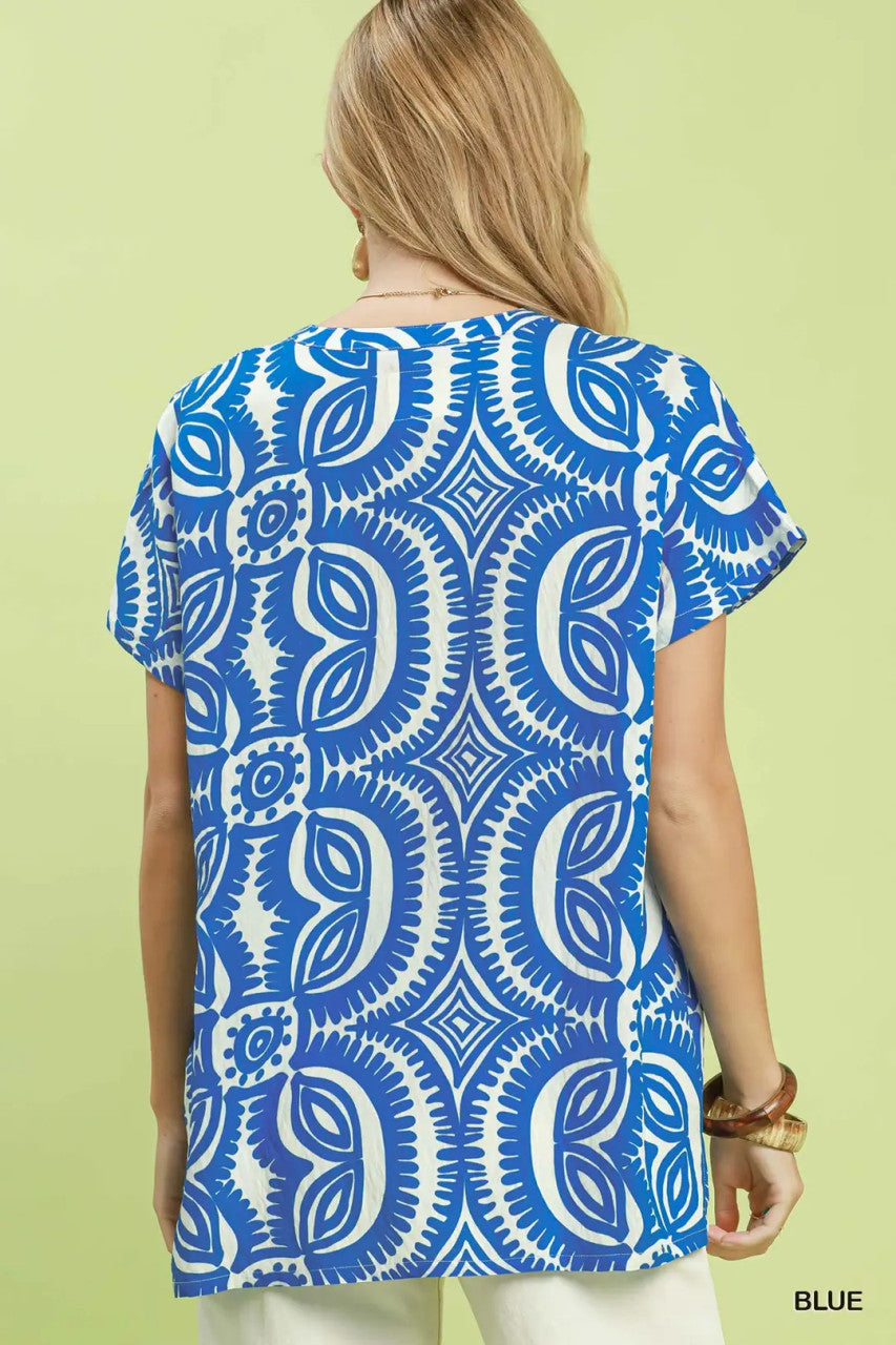 Umgee Women's Geometric Print V-Neck Top - Blue