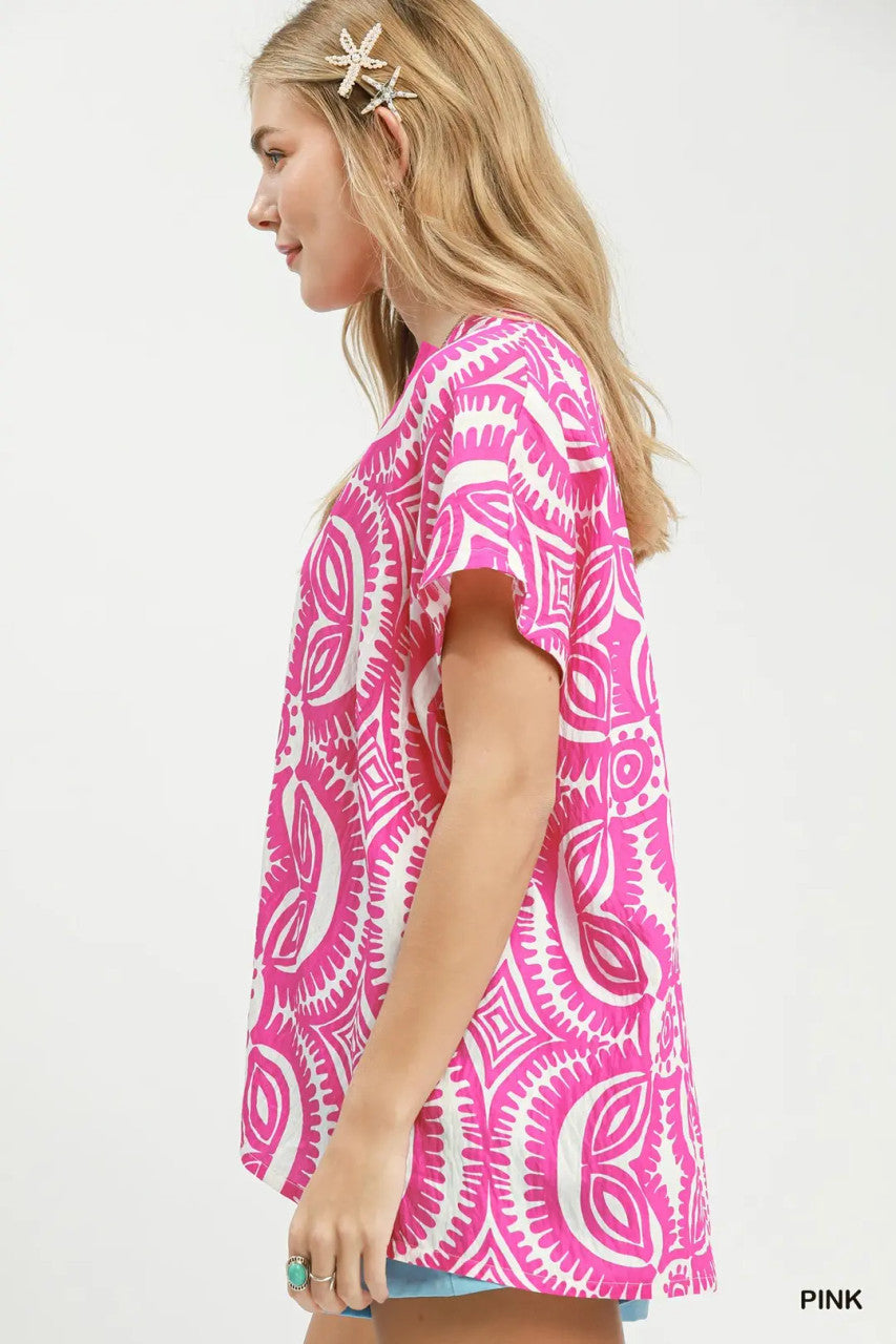 Umgee Women's Geometric Print V-Neck Top - Pink