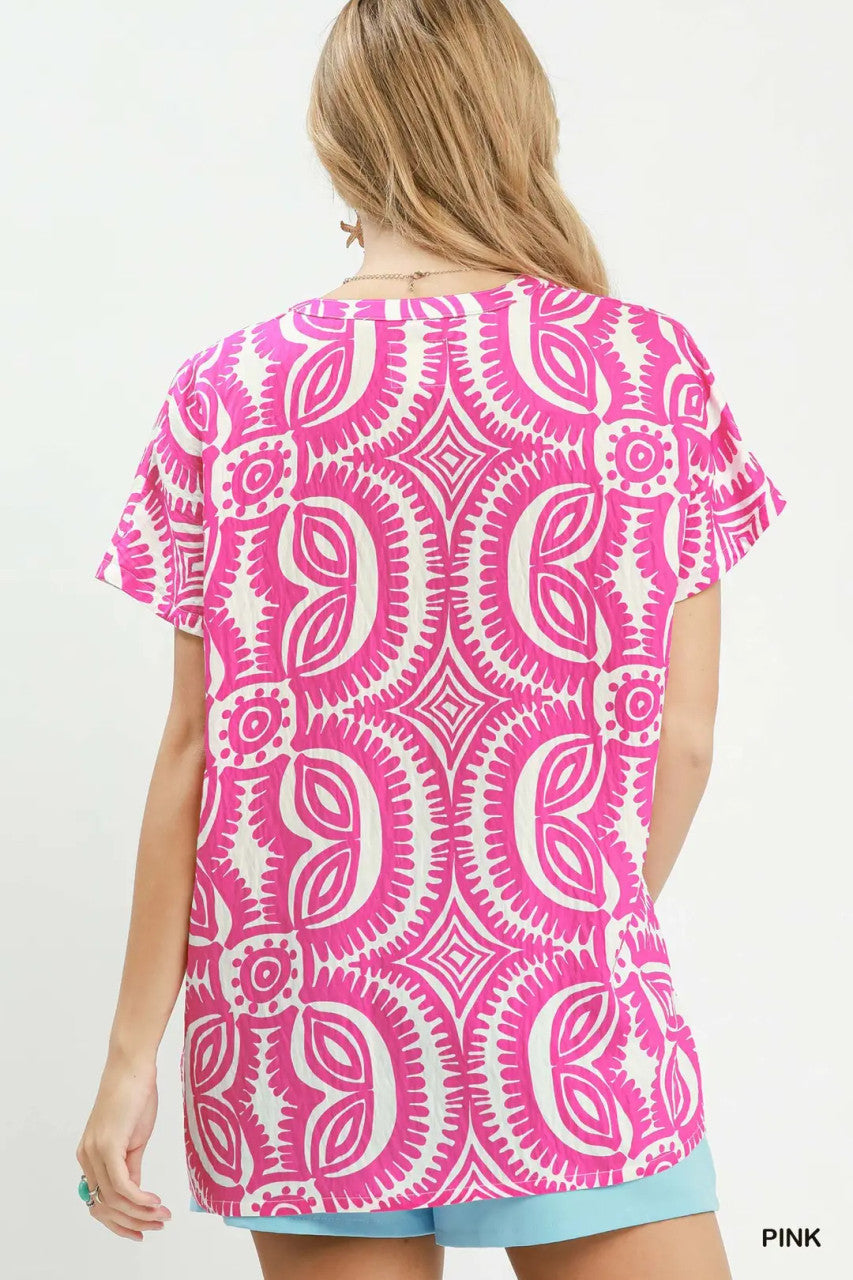 Umgee Women's Geometric Print V-Neck Top - Pink