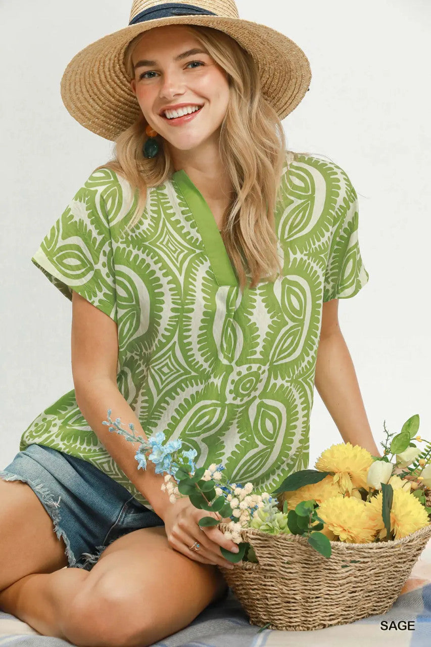 Umgee Women's Geometric Print V-Neck Top - Sage