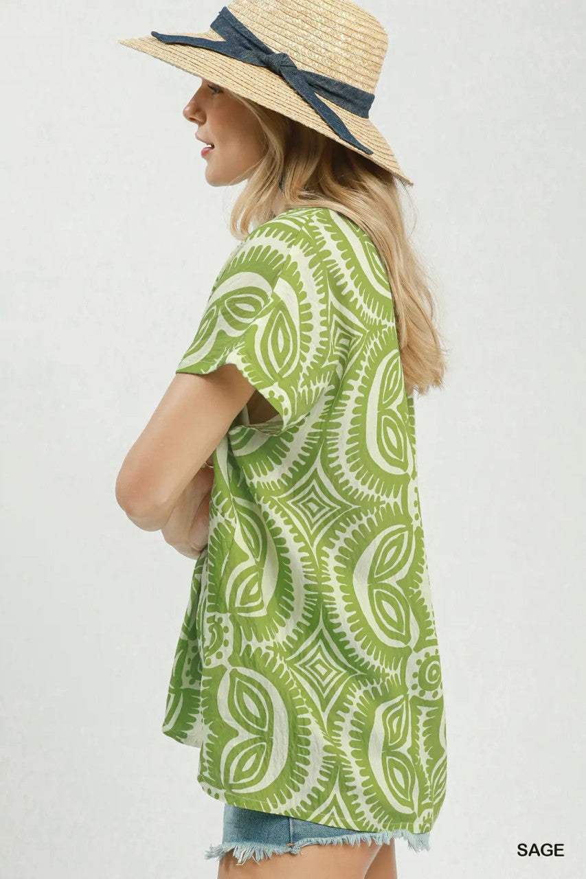 Umgee Women's Geometric Print V-Neck Top - Sage
