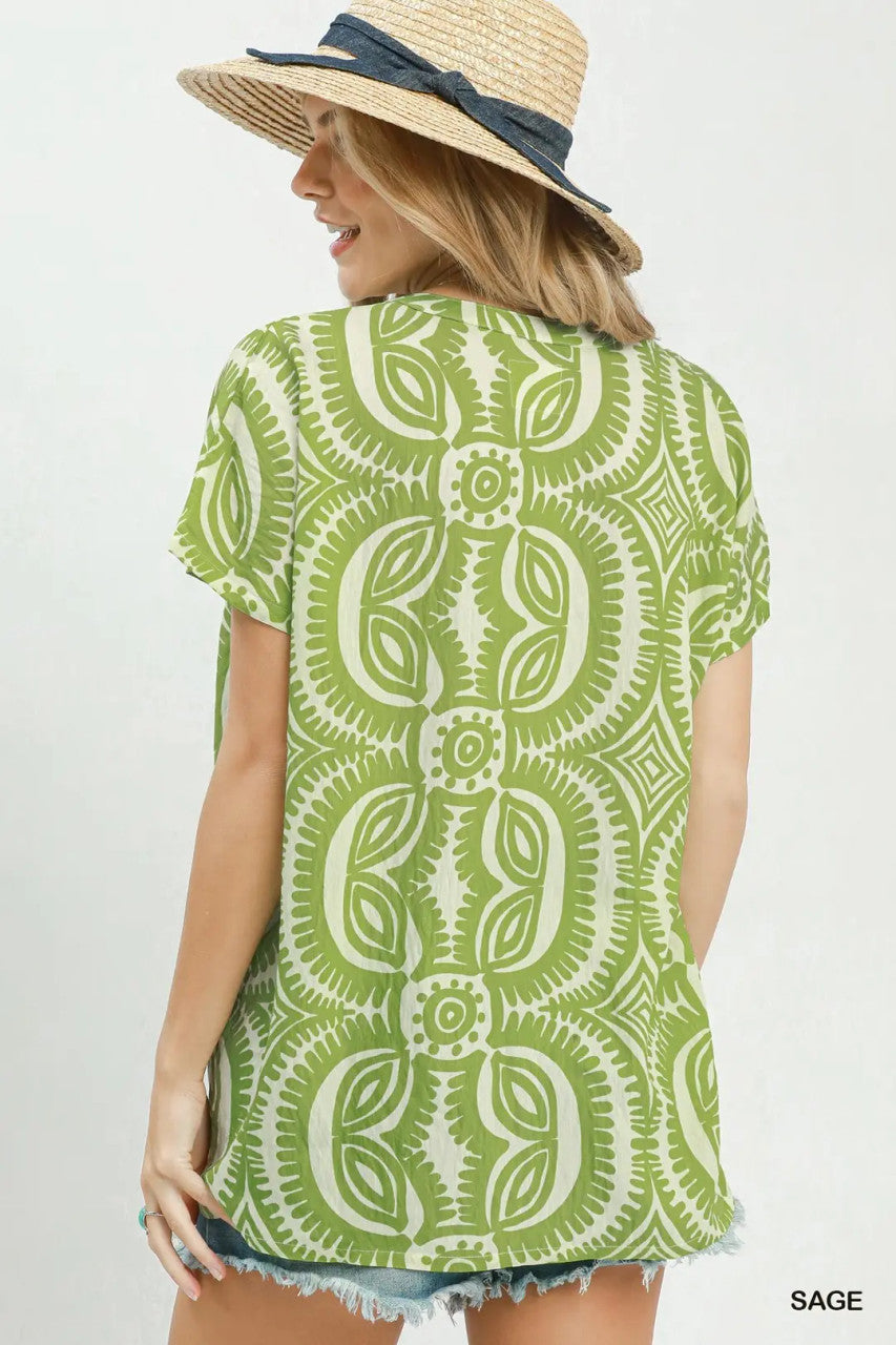 Umgee Women's Geometric Print V-Neck Top - Sage
