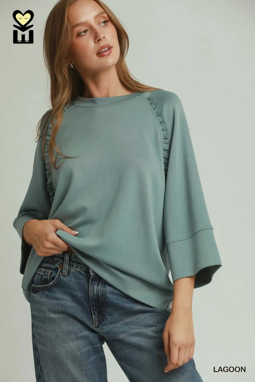Umgee Women's Ruffle Trim Top - Lagoon