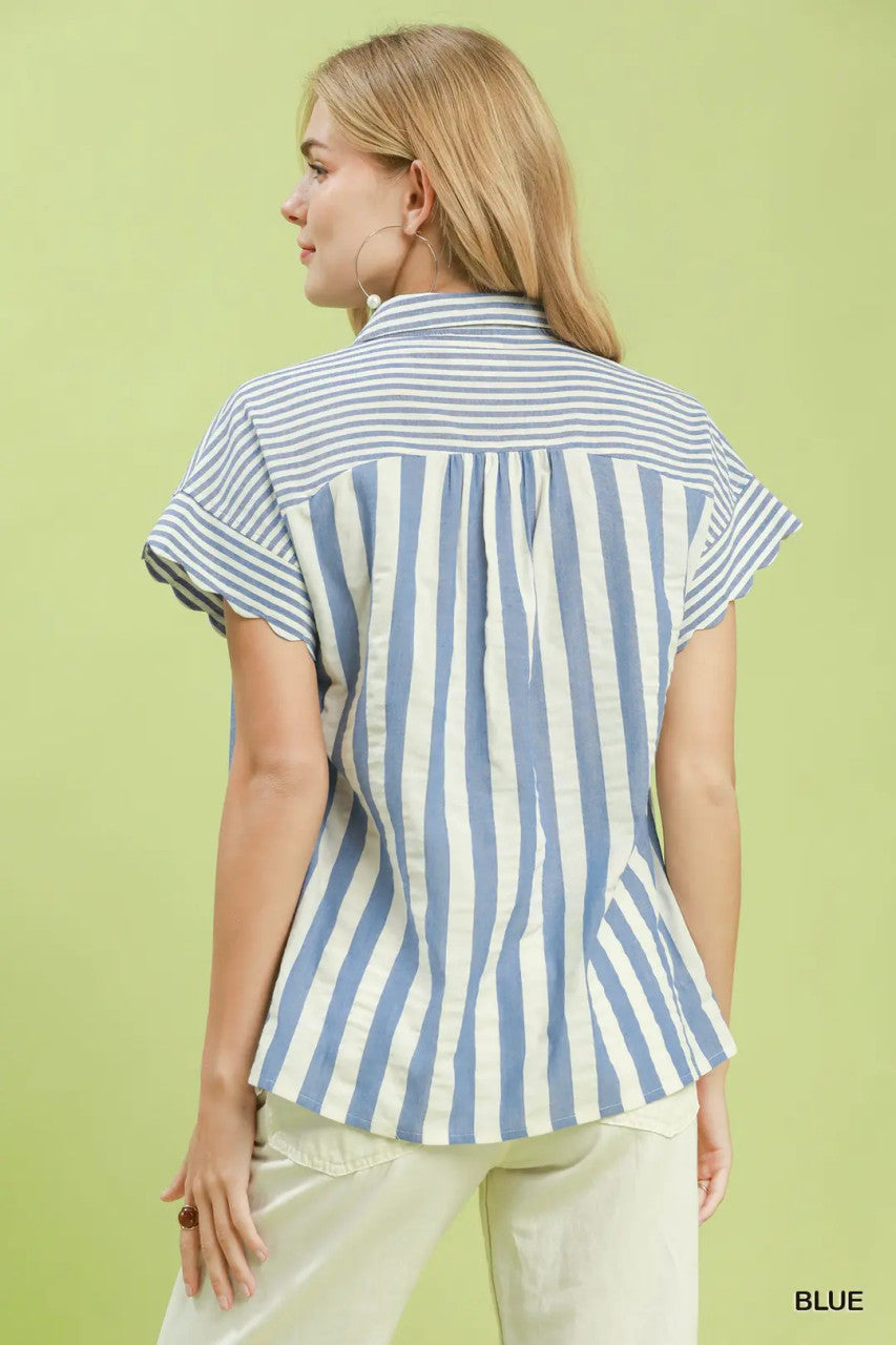 Umgee Women's Striped Button Front Flutter Sleeve Top - Blue