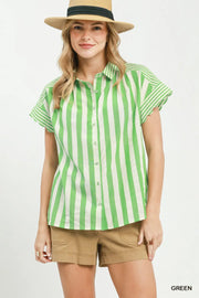 Umgee Women's Striped Button Front Flutter Sleeve Top - Green