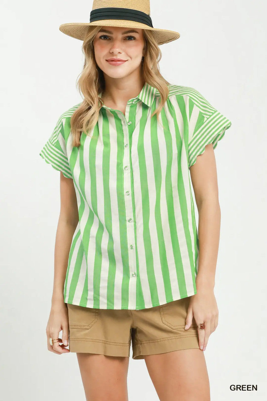 Umgee Women's Striped Button Front Flutter Sleeve Top - Green