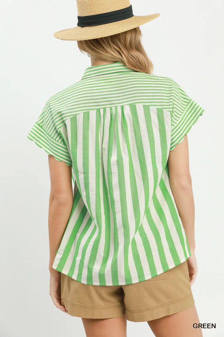 Umgee Women's Striped Button Front Flutter Sleeve Top - Green