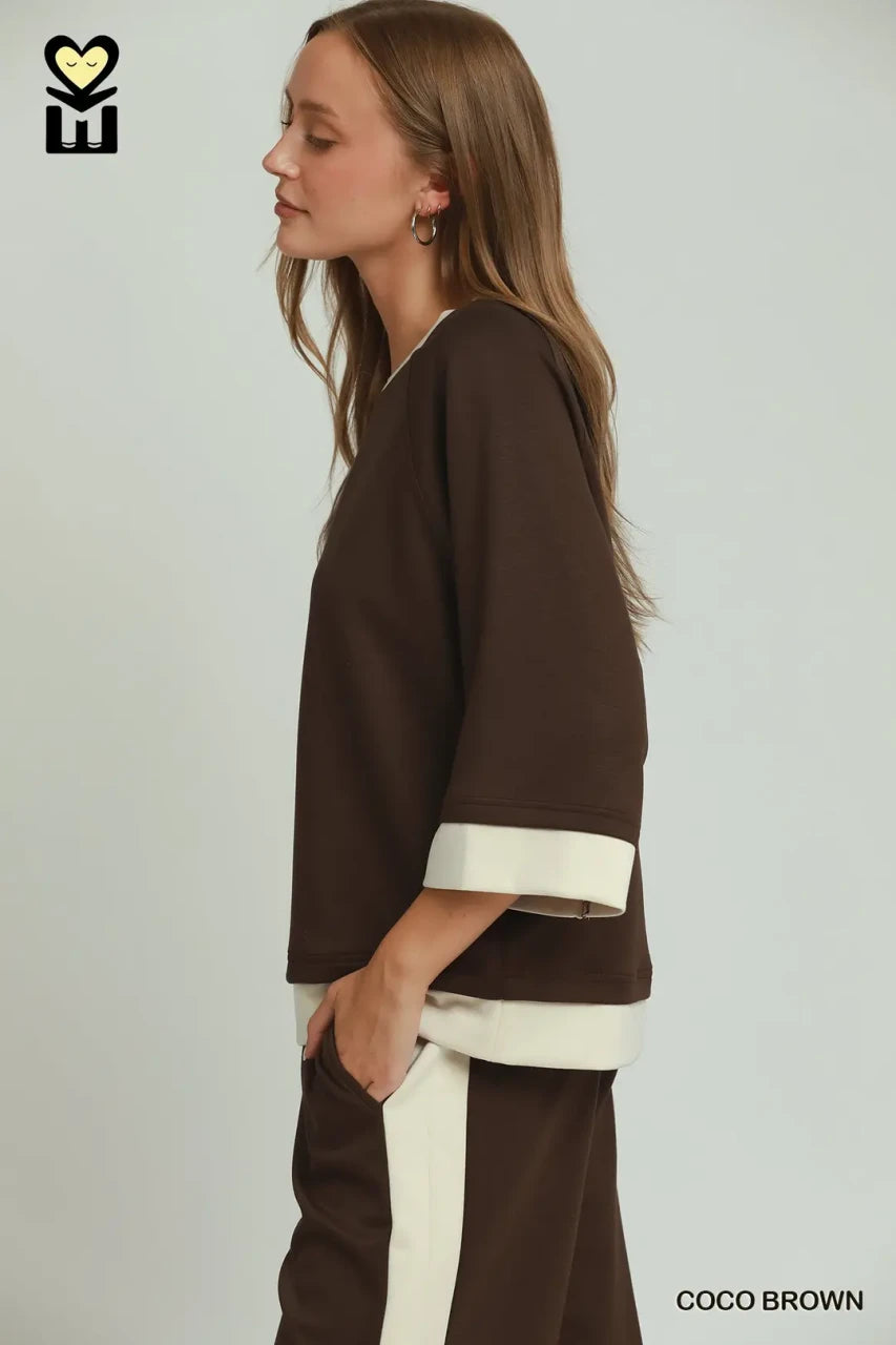 Umgee Women's Colorblock Crewneck Top - Coco Brown
