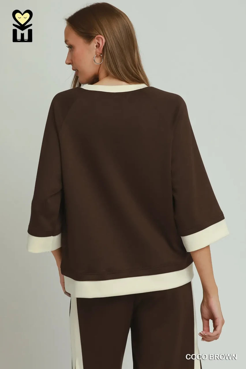 Umgee Women's Colorblock Crewneck Top - Coco Brown