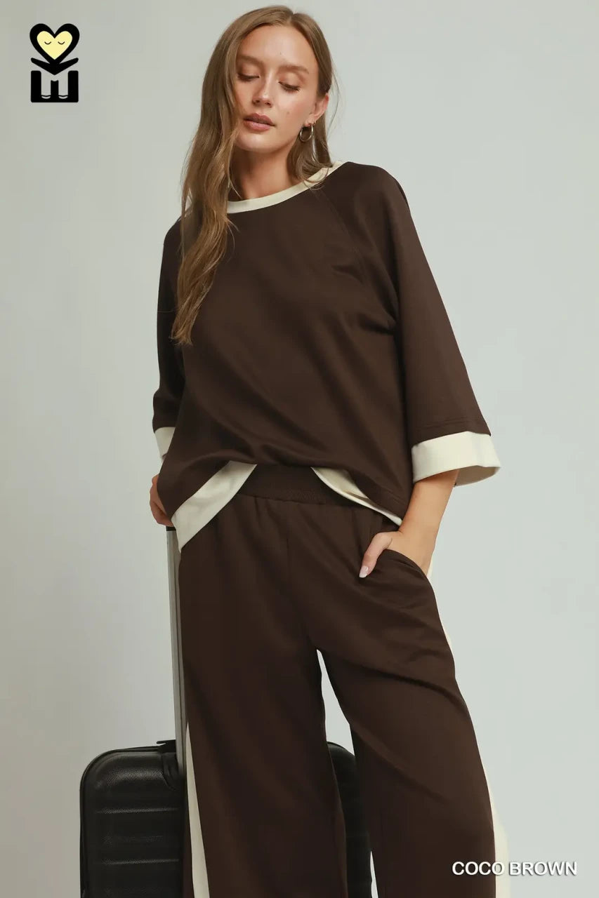 Umgee Women's Colorblock Crewneck Top - Coco Brown