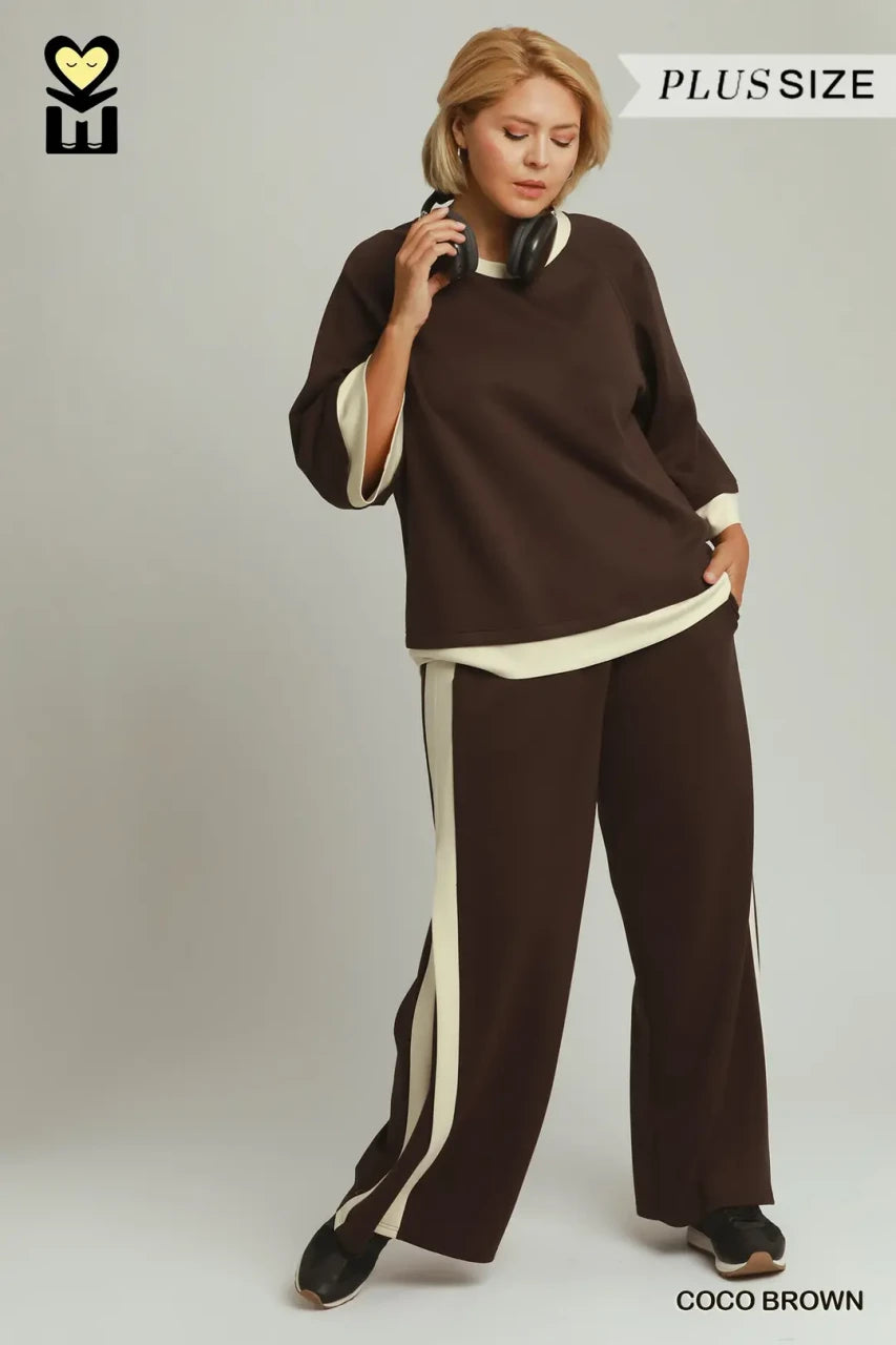 Umgee Plus Size Women's Colorblock Crewneck Top - Coco Brown