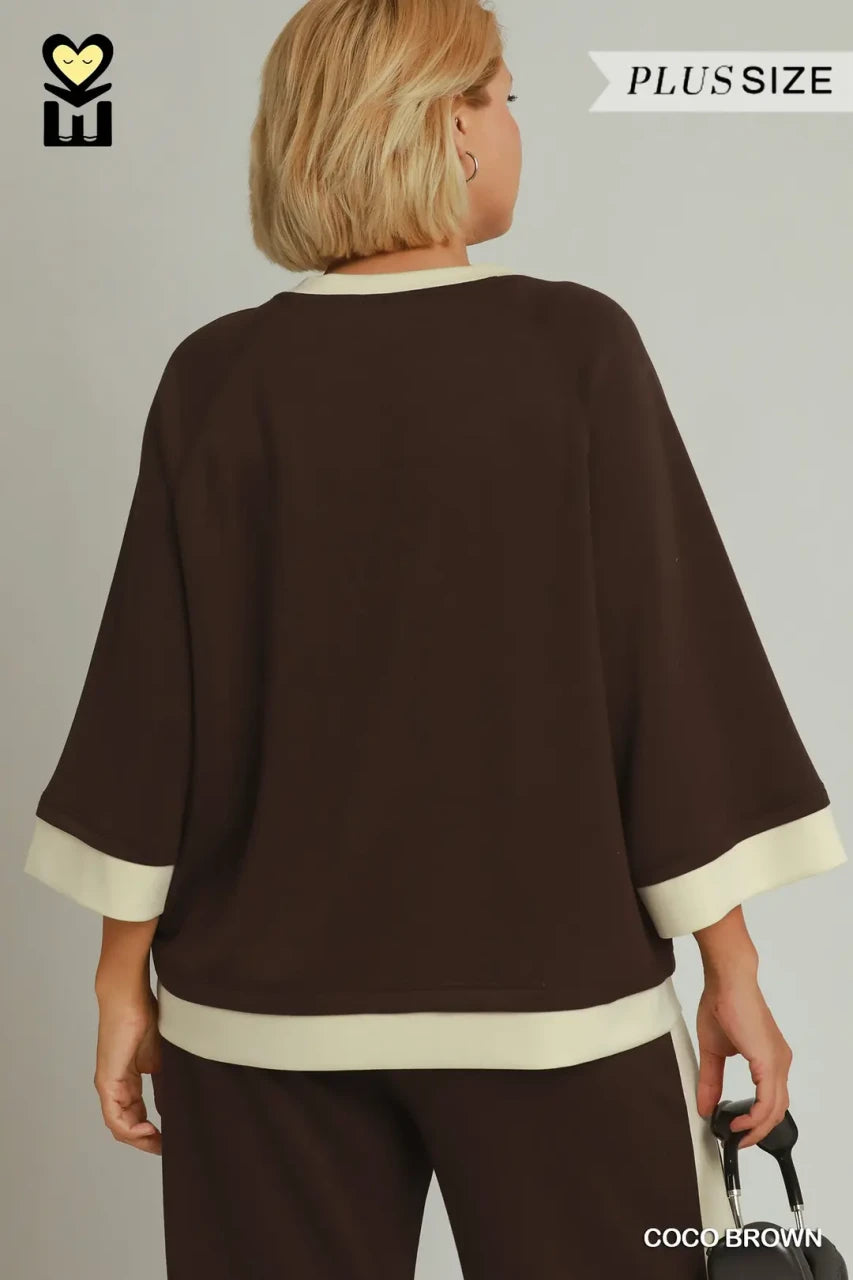 Umgee Plus Size Women's Colorblock Crewneck Top - Coco Brown