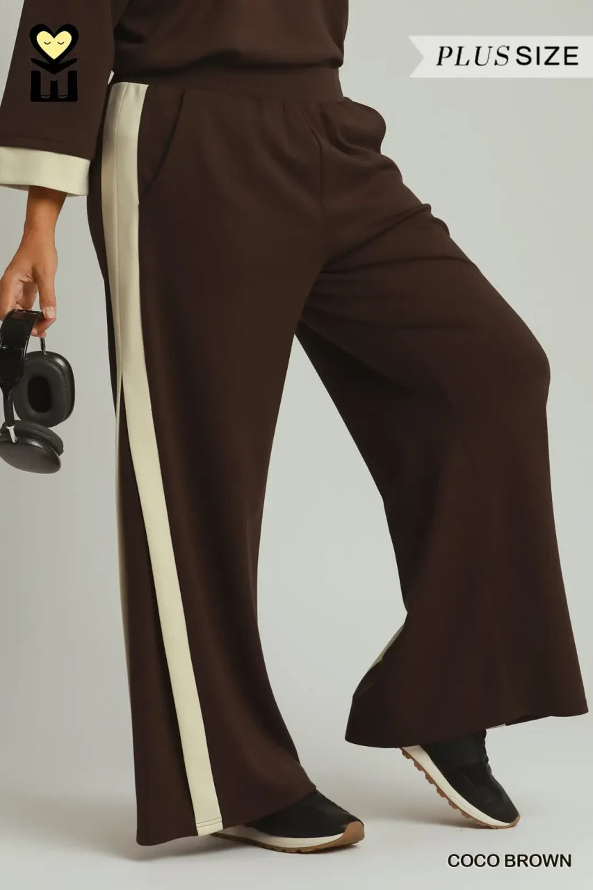 Umgee Plus Size Women's Colorblock Straight Pants - Coco Brown