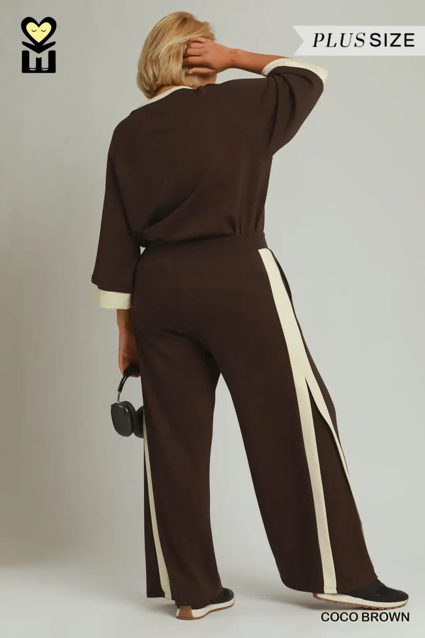 Umgee Plus Size Women's Colorblock Straight Pants - Coco Brown