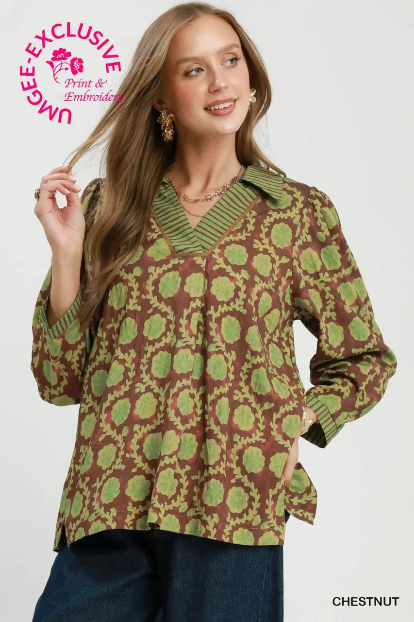 Umgee Women's Floral Print Blouse - Chestnut