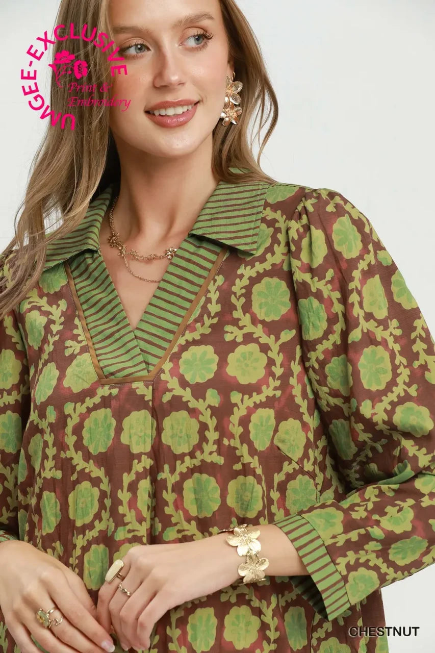 Umgee Women's Floral Print Blouse - Chestnut