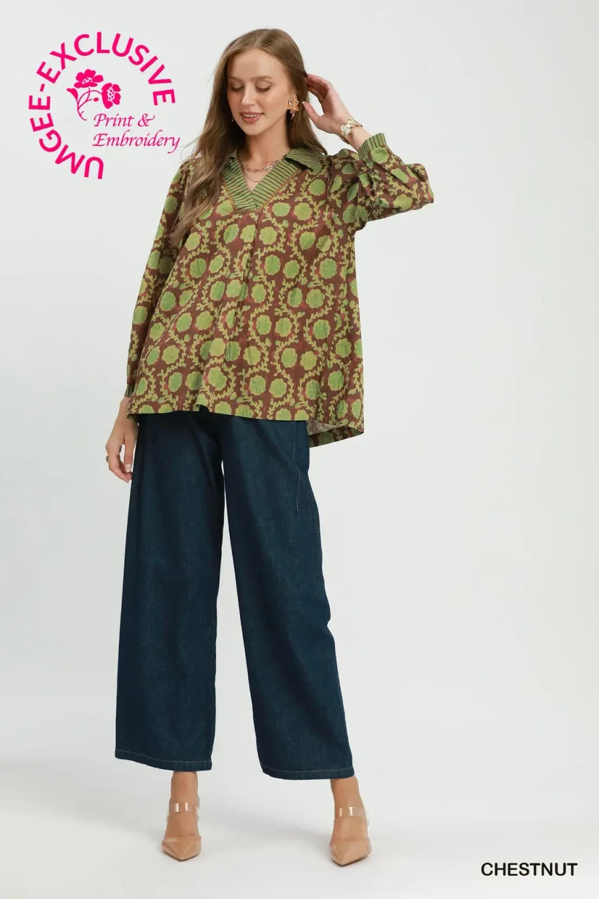 Umgee Women's Floral Print Blouse - Chestnut