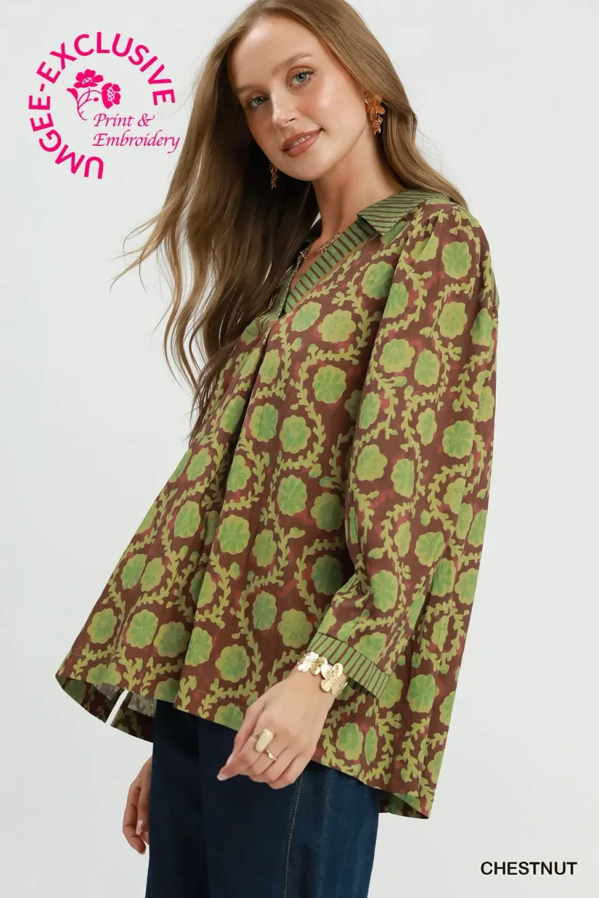 Umgee Women's Floral Print Blouse - Chestnut