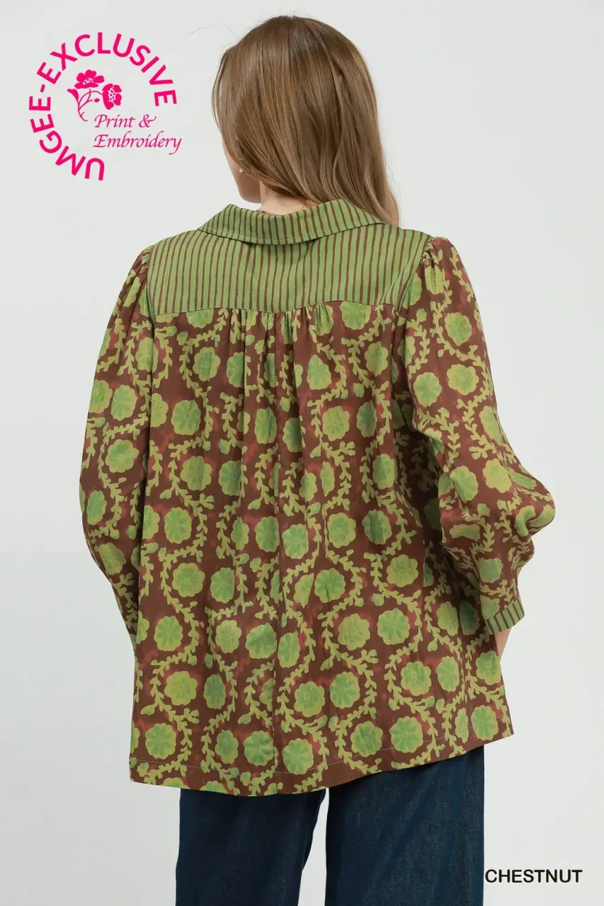 Umgee Women's Floral Print Blouse - Chestnut