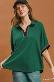 Umgee Women's Contrast Trim Short Sleeve Top - Palm Green
