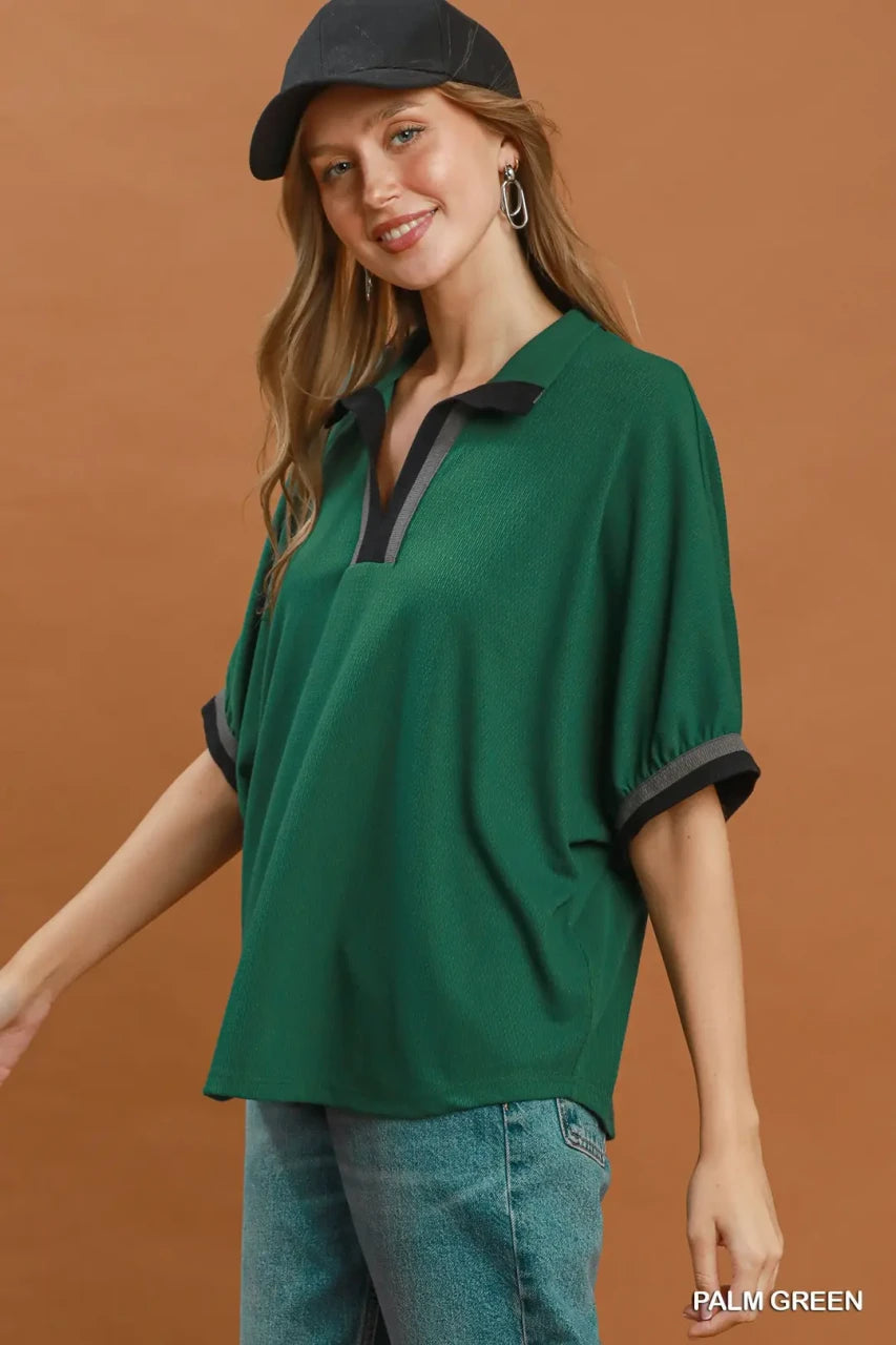 Umgee Women's Contrast Trim Short Sleeve Top - Palm Green