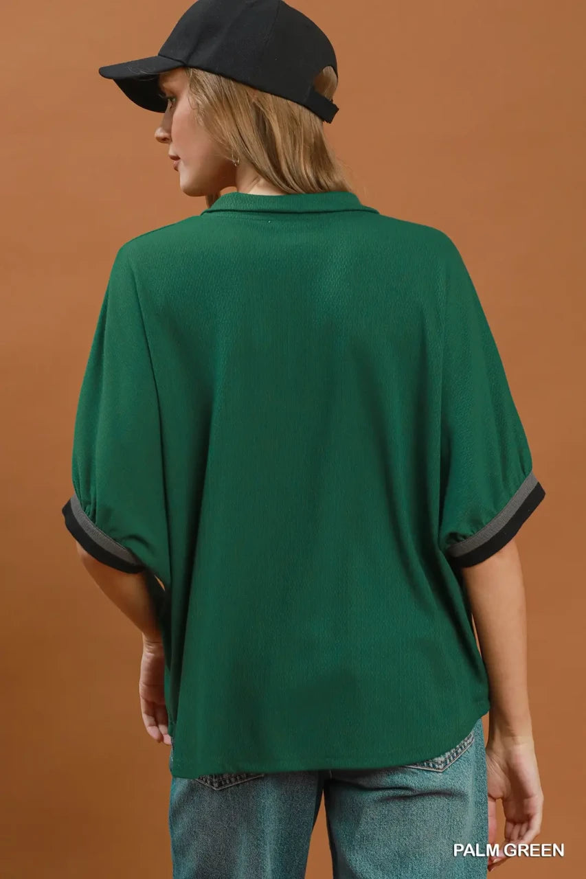 Umgee Women's Contrast Trim Short Sleeve Top - Palm Green