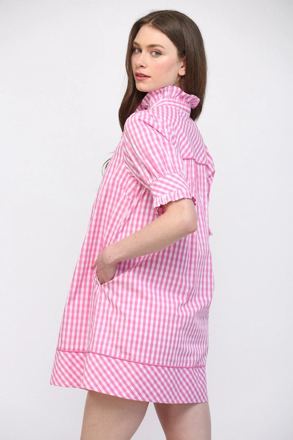 Fate Women's Pink & White Puff Sleeve Mini Dress