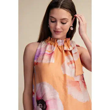 Glam Women's Ruffle Neck Tie Sleeveless Midi Floral Dress - Coral
