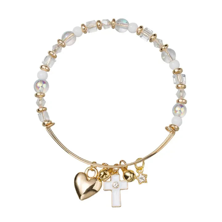 Jane Marie Kids White Beaded Bracelet with Cross & Heart