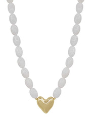 What's Hot White Acrylic Oval Beaded with Gold Heart Necklace
