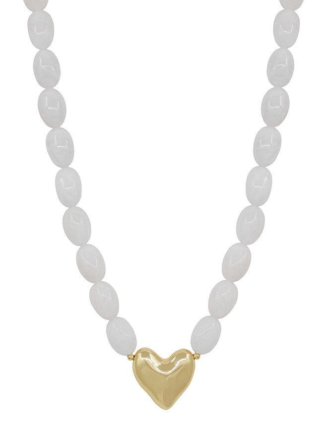 What's Hot White Acrylic Oval Beaded with Gold Heart Necklace