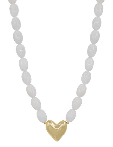 What's Hot White Acrylic Oval Beaded with Gold Heart Necklace