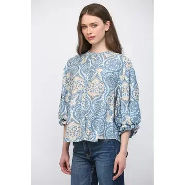 Fate Women's Blue Damask Print Blouse