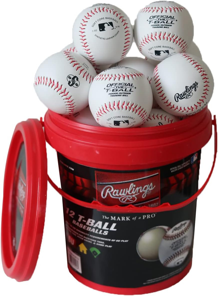 Rawlings T-Ball Bucket with 12 Balls – Durable Synthetic Leather Cover