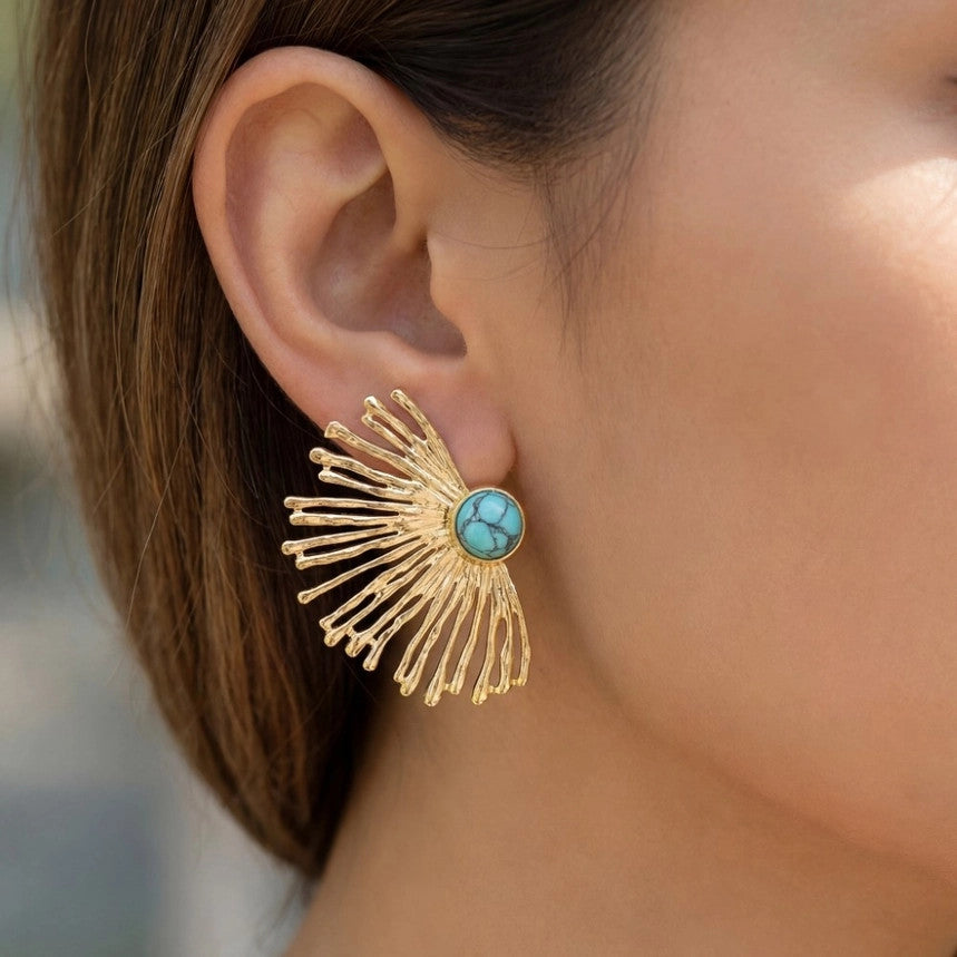 The Looks by Fame Stainless Steel Stone Center Fan Statement Earrings - Turquoise