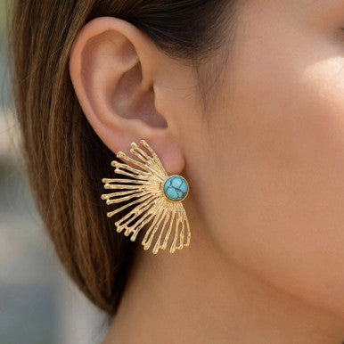 The Looks by Fame Stainless Steel Stone Center Fan Statement Earrings - Turquoise