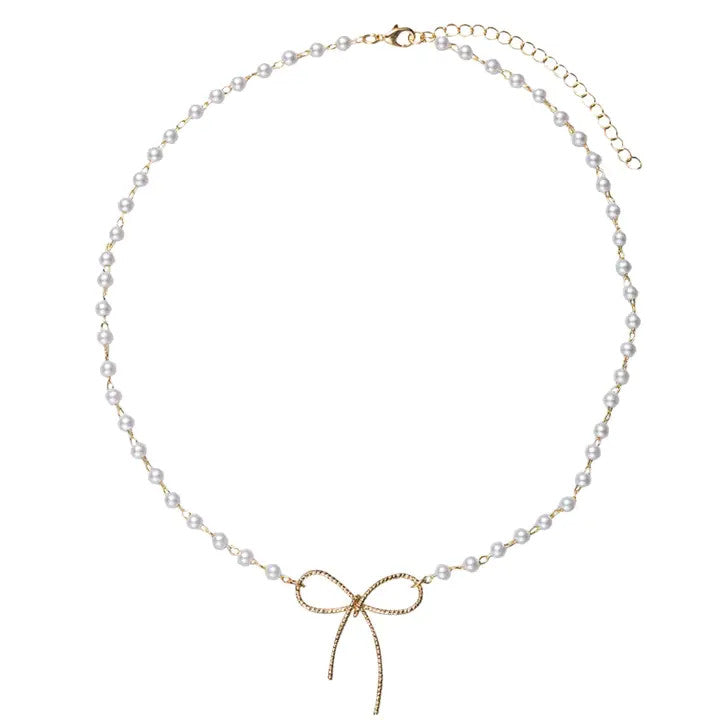 Jane Marie Pearl Beaded Necklace with Gold Bow