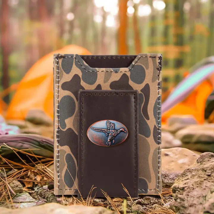 Zep-Pro Mallard Men's Magnetic Front Pocket Old School Camo Leather Wallet - Brown/Tan