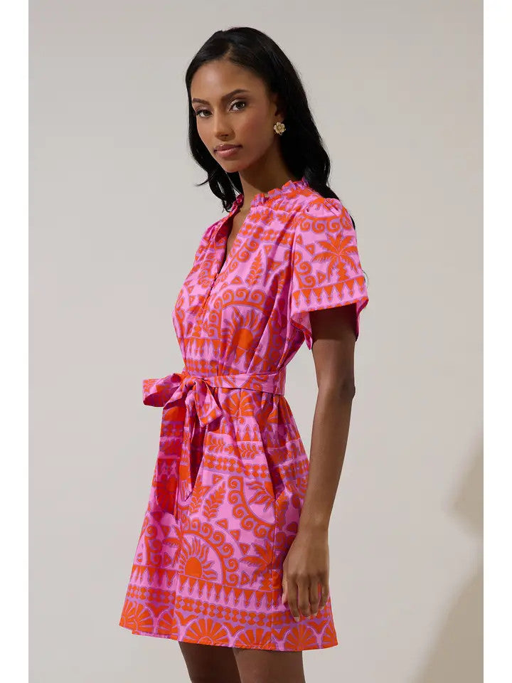 Sugar Lips Women's Tarie Tropical Ema Shift Mini Dress - Pink/Orange