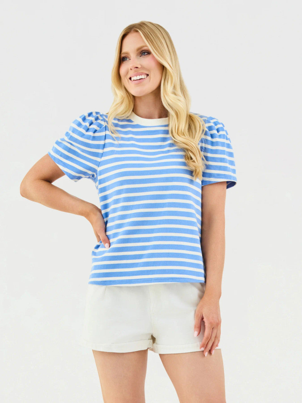 Mary Square Women's Larissa Pleat Sleeve Tee - Blue/White