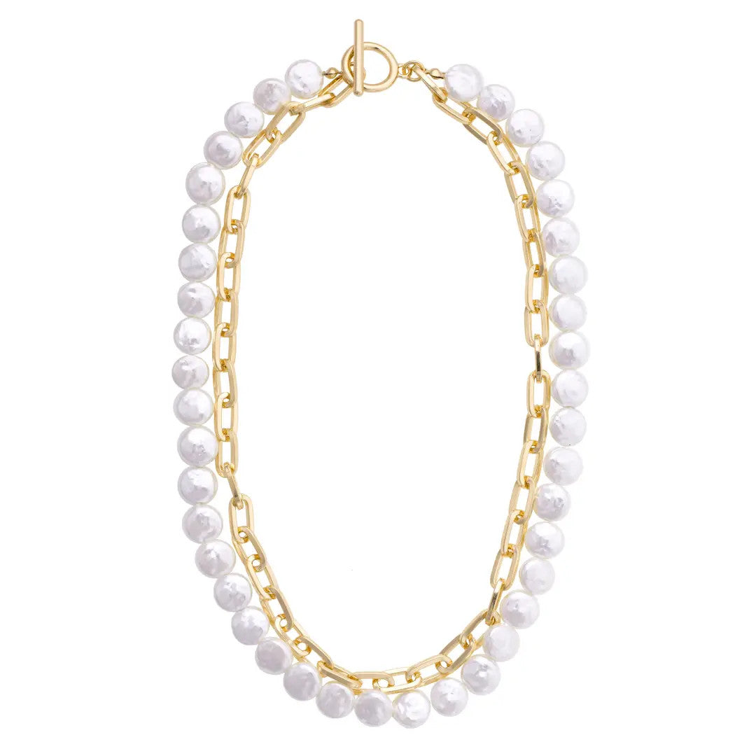 Canvas Coco Layered Pearl Linked Necklace - Shiny Gold