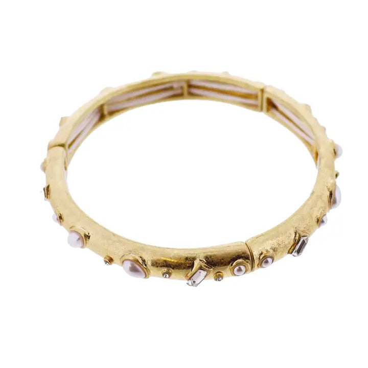 Jane Marie Gold Pearl, Crystal Artisan Stretch Bangle Bracelet