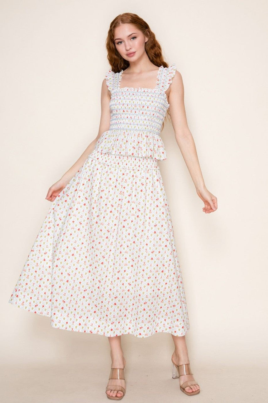 B. Right Women's Smocked Waist Midi Skirt - Off White/Coral/Green