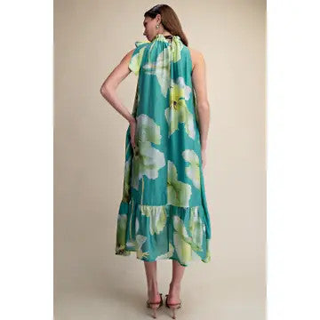 Glam Women's Ruffle Neck Tie Sleeveless Midi Floral Dress - Sage