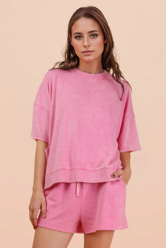 Very J Plus Size Women's Pink Mineral Washed Knit Casual Top & Shorts Set