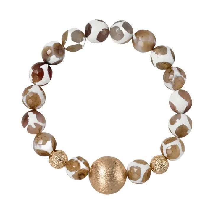 Jane Marie Brown Giraffe Agate Beaded Stretch Bracelet with Gold Ball